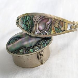 SOLDVintage Mexican Alpaca Silver Abalone Bracelet and Trinket/Pill Box - 22.68g